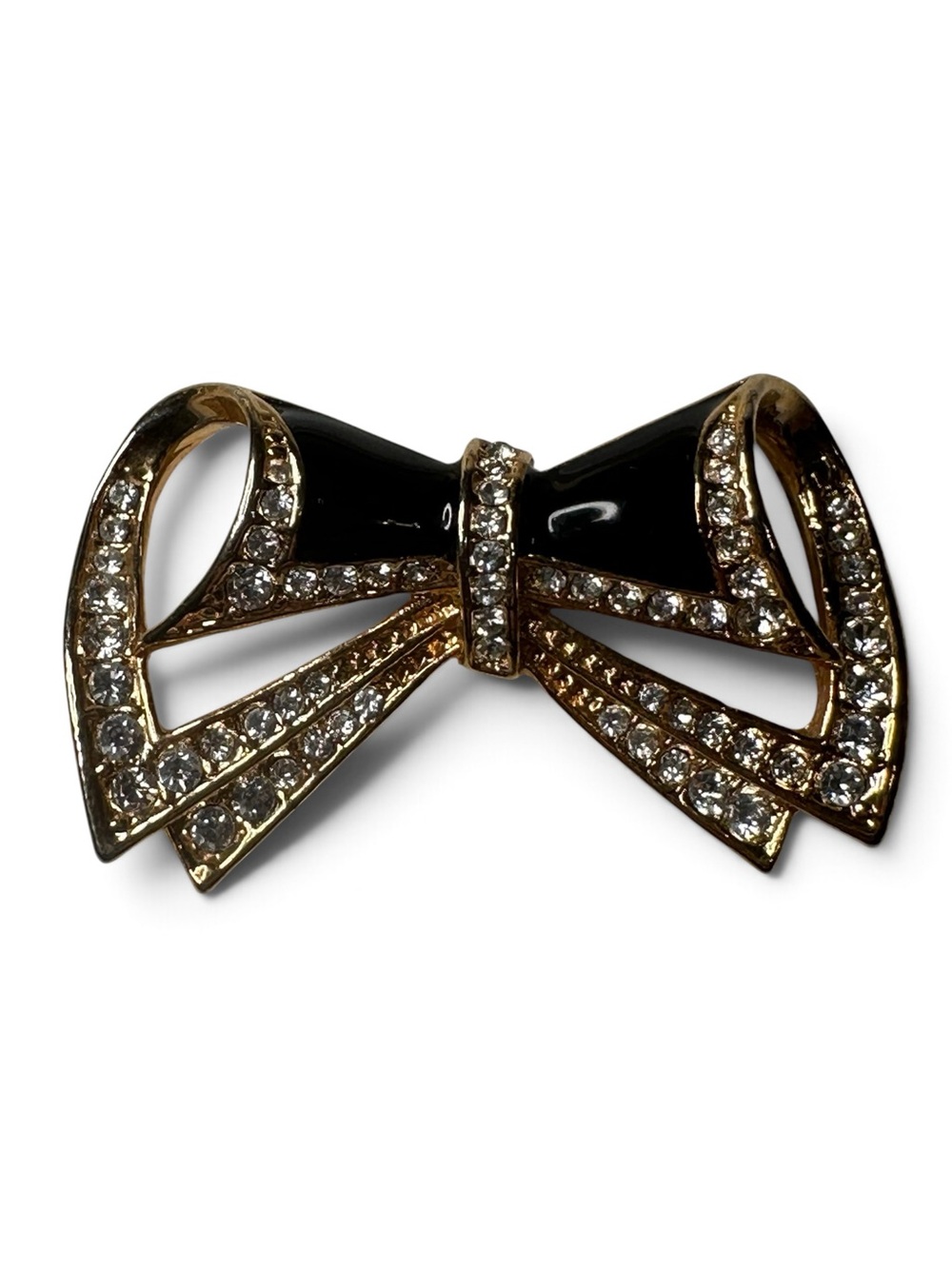 Vintage Black Enamel Rhinestone Bow Choker Centerpiece Scarf Slide